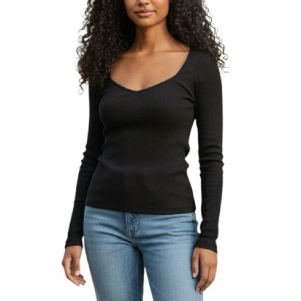Boden Ribbed Knit Scoop Neck Top Black Long Sleeve Stretch Shirt S